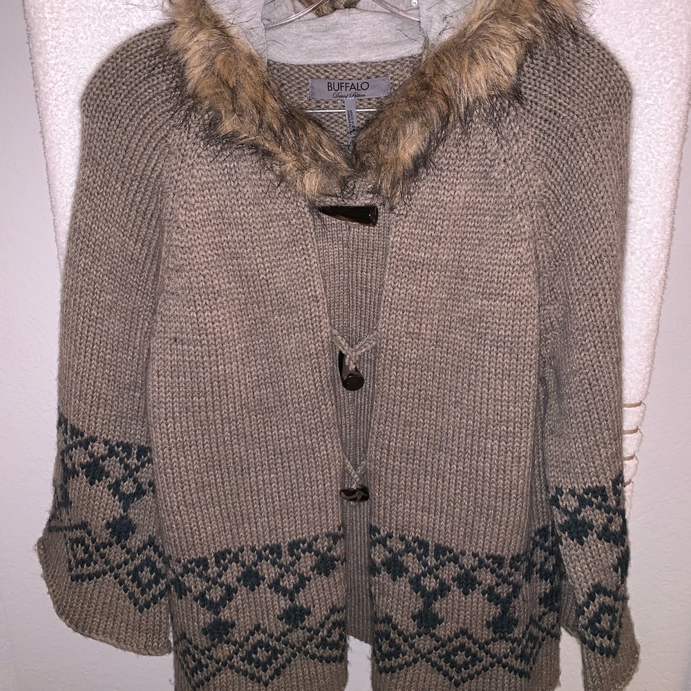 Fur hood button up cardigan jacket